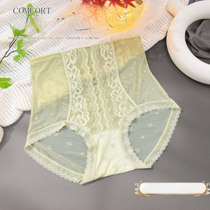 Moteriškos aukšto juosmens kelnaitės su nėrinių jacquard audiniu, nailonas, medvilnės įdėklas, orui pralaidžios, antibakterinės, pilvo kontrolė, sėdmenų kėlimas