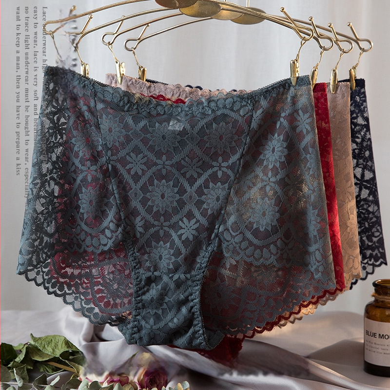 Moterų aukštos juosmens nėrinių kelnaitės iš nailono, kvėpuojančios, medvilnės įdėklas, gėlių raštas