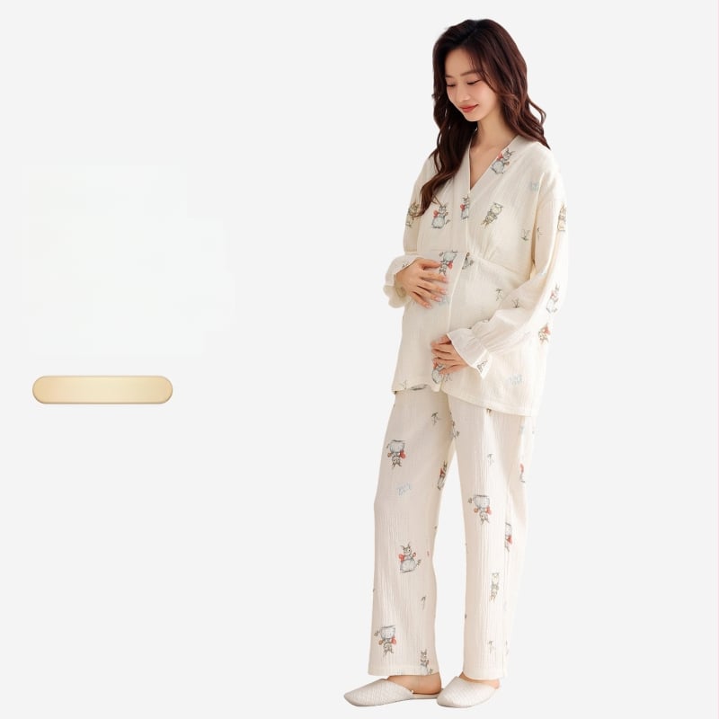 Σετ πιτζάμες εγκυμοσύνης από 100% βαμβάκι, με μακριά μανίκια, άνετη εφαρμογή, για άνοιξη και φθινόπωρο