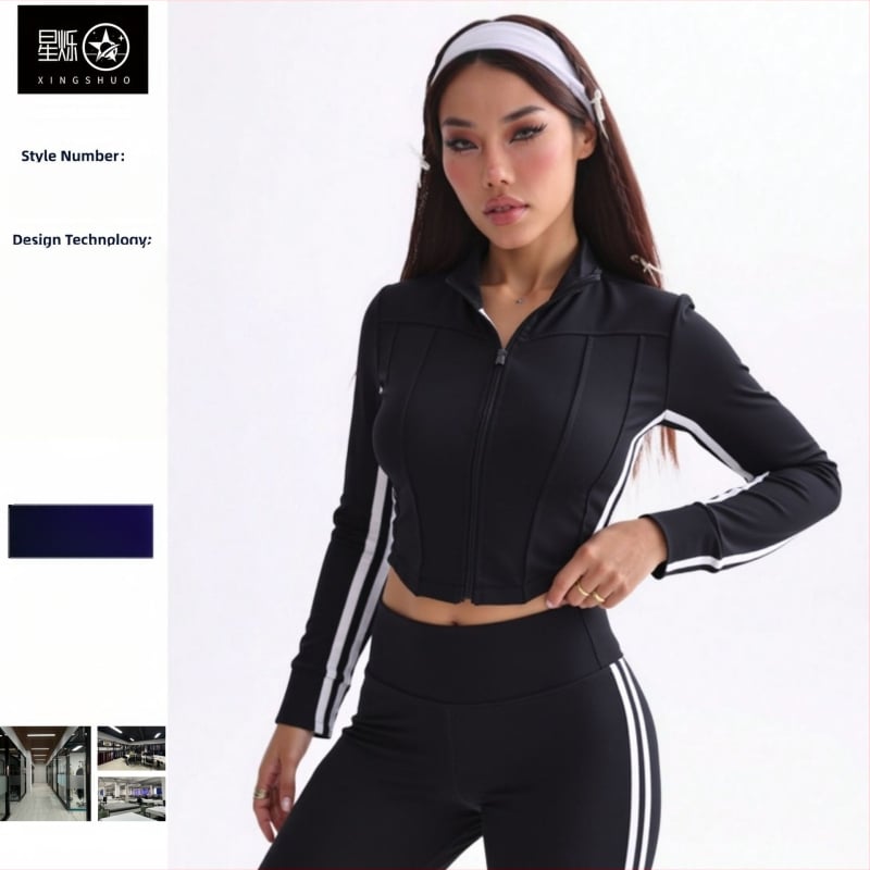 Женски комплект за йога: яке с клеш панталони, дълъг ръкав, цип, райета, дължина 9/10, полиестер-еластан (89,5%/10,5%)