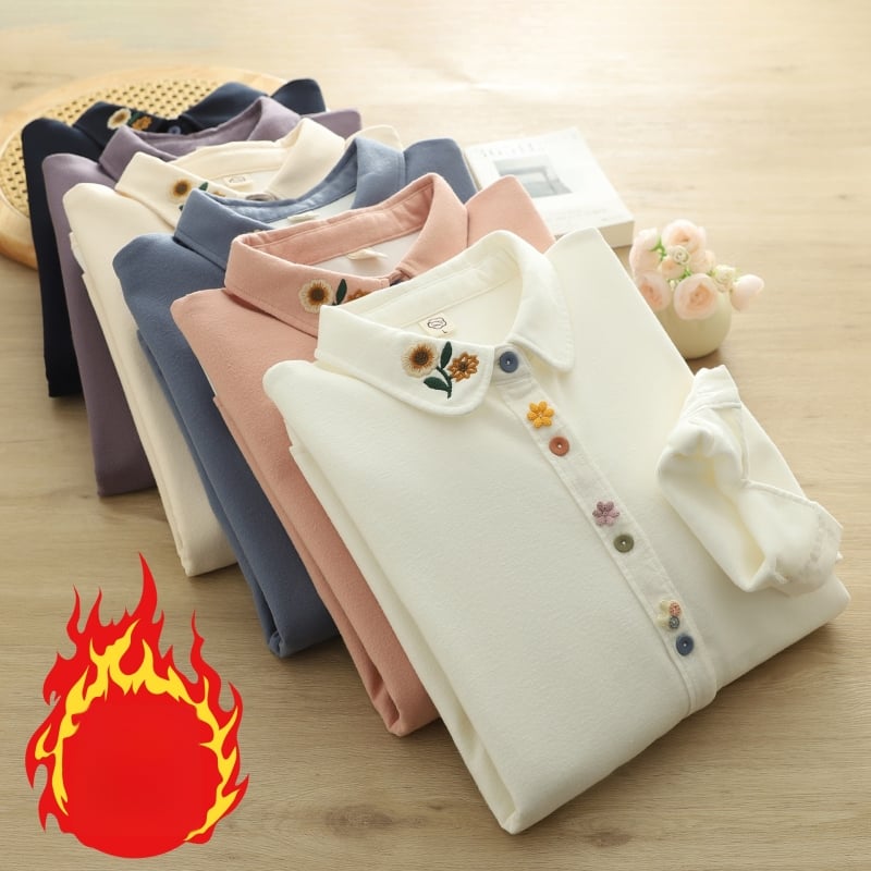 Medvilniniai marškiniai su gėlių raštu, literatūros-retro stilius, laisvas kirpimo, ilgos rankovės, lėlės tipo apykaklė, fliso įdaila