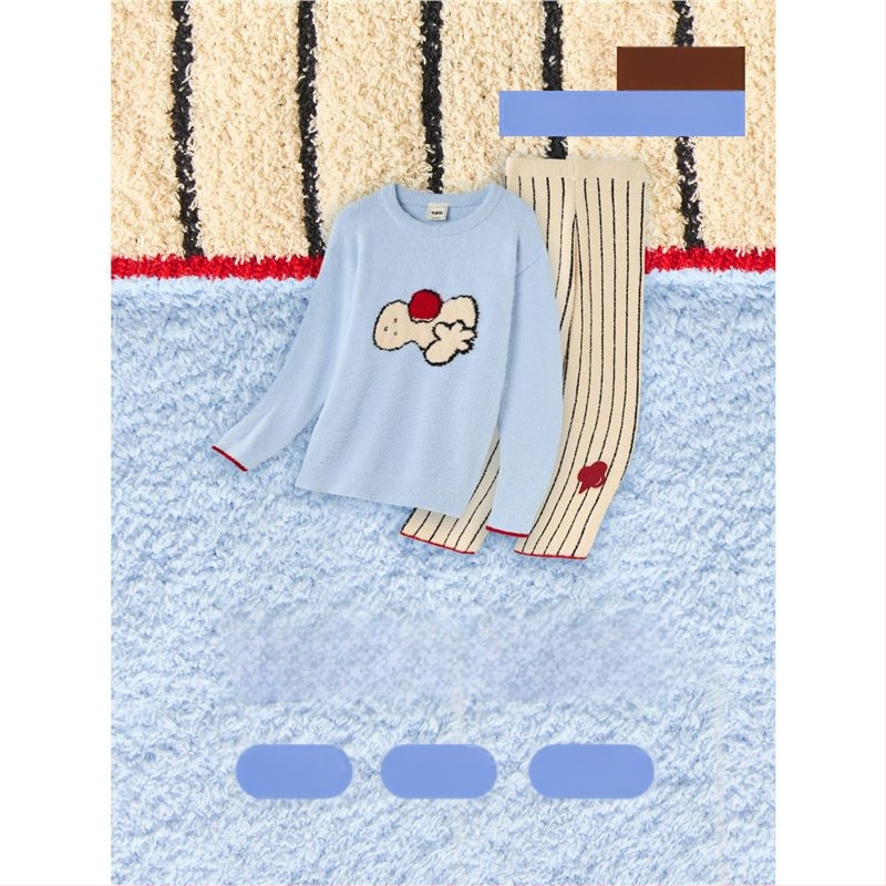 Moterų pižamų komplektas su gobtuvu, etninio dizaino su karikatūrų juostelėmis, austas medvilnė, ekstra stora, antistatinis, ilgos rankovės