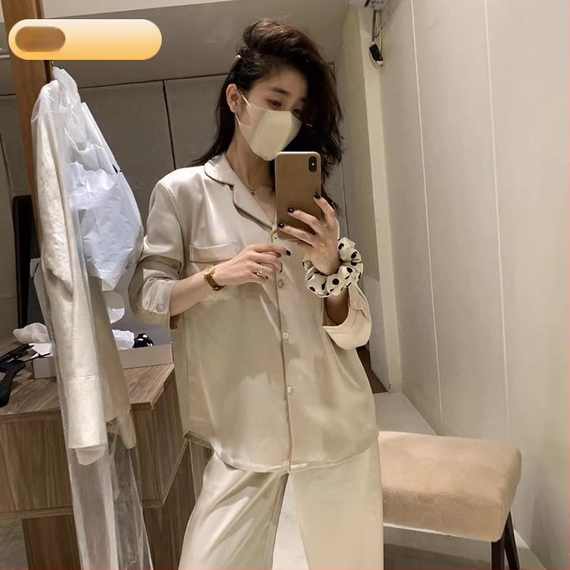 Moterų šilko pižamų komplektas – Ice Silk, 95–100% poliesteris, ekstra stora medžiaga 501–600 g/m², pavasario namų drabužiai, animacinio stiliaus