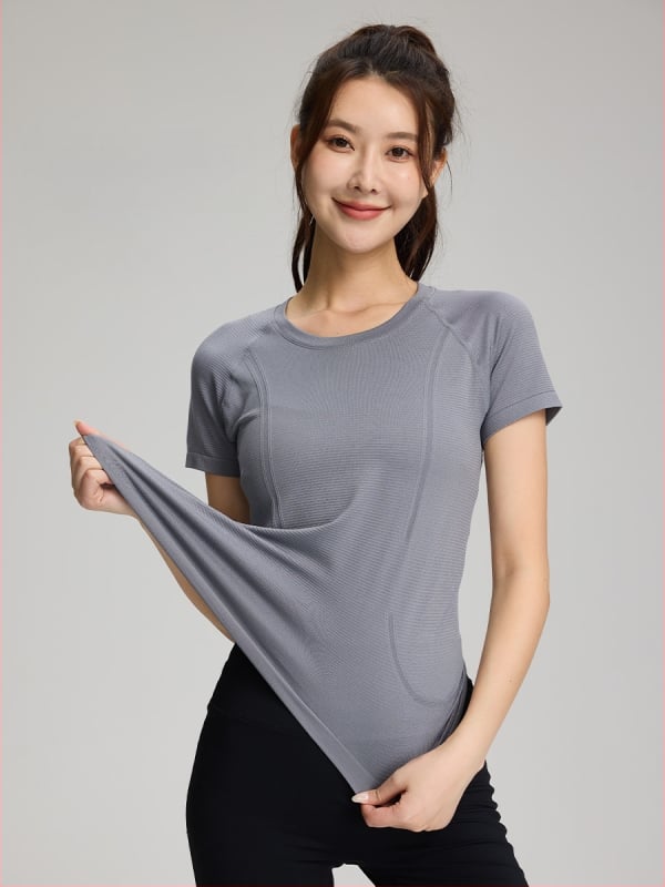 Γυναικείο τοπ γιόγκα χωρίς ραφές, διαπνέον ύφασμα από ένα κομμάτι, νάιλον 97% spandex 3%, κοντό μανίκι, εφαρμογή slim fit, μήκος ισχίου