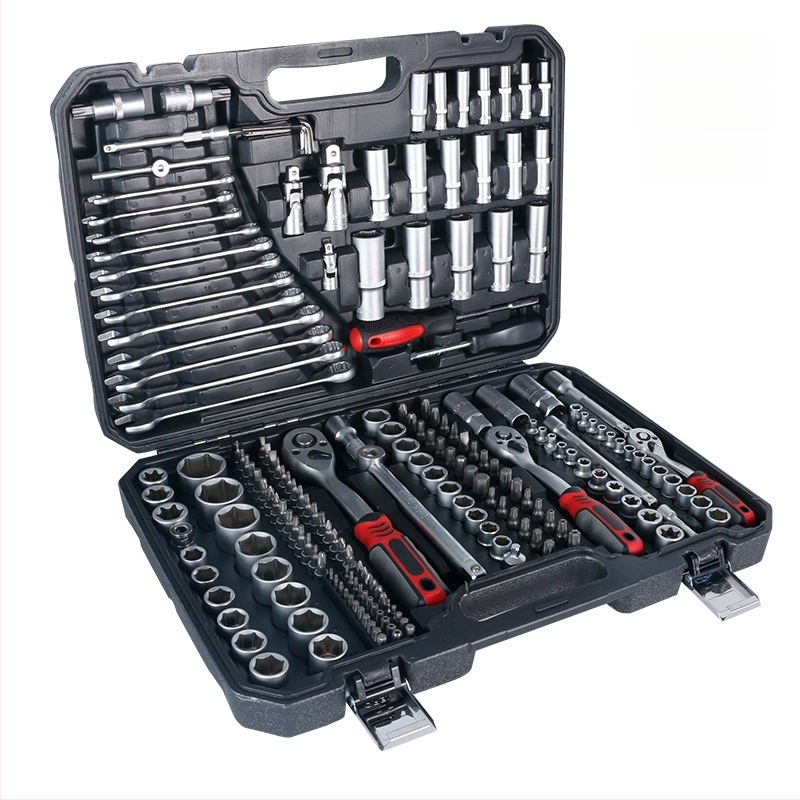 Gorepu 216 dalių automobilių remonto įrankių rinkinys su sokeliais ir veržliarakčiais – aukštos anglies plienas, dydžiai 1/4, 3/8 ir 1/2 colio, skirtas automobilių ir mechaniniam remontui