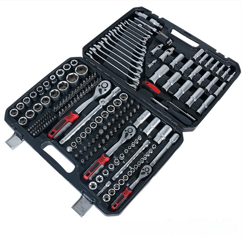 Gorepu 216 dalių automobilių remonto įrankių rinkinys su sokeliais ir veržliarakčiais – aukštos anglies plienas, dydžiai 1/4, 3/8 ir 1/2 colio, skirtas automobilių ir mechaniniam remontui