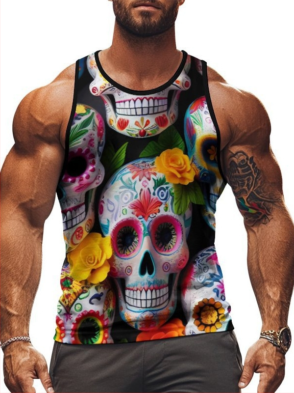 Férfi ujjatlan sportmellény nyomtatott mintával, 95% poliészter, 5% elasztán, karcsú fazon, nyár 2025