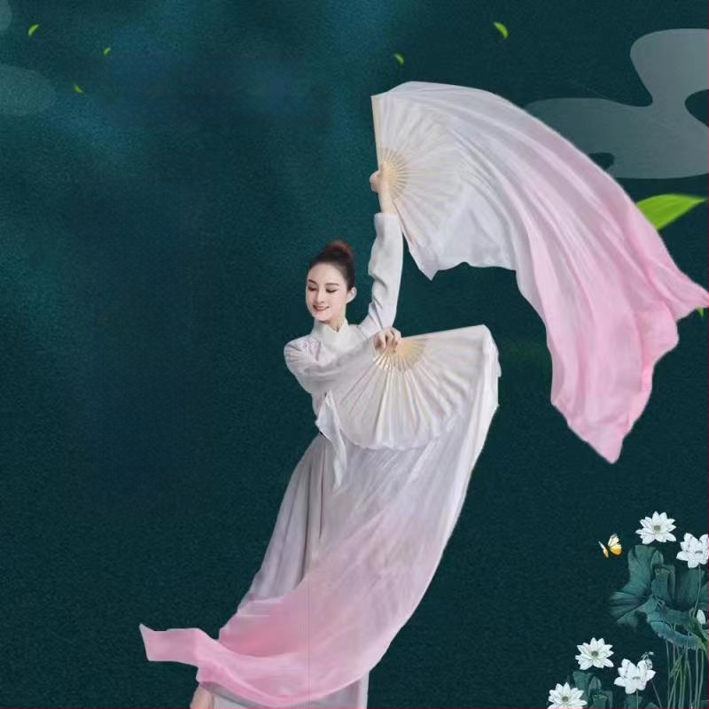 Класически танцов дълъг копринен веер, китайски стил, градиентно покритие, уникална марка, лято 2021, наличен на склад