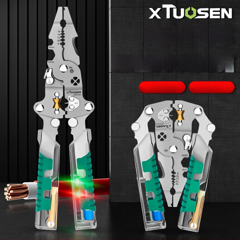 Tuosen elektrikų replės – daugiakomponentės replės laidų pjaustymui, nulupimui, vyniojimui, bandymui, sulankstomas dizainas