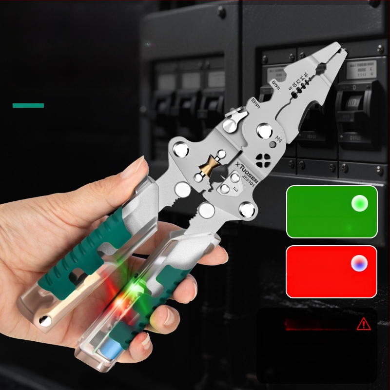 Tuosen elektrikų replės – daugiakomponentės replės laidų pjaustymui, nulupimui, vyniojimui, bandymui, sulankstomas dizainas