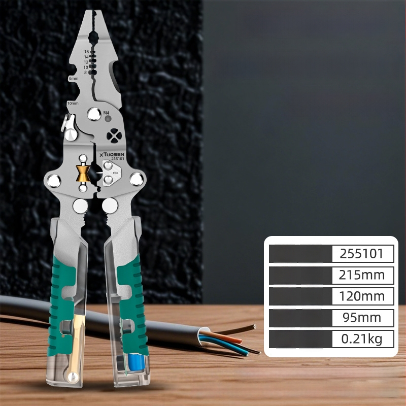 Tuosen elektrikų replės – daugiakomponentės replės laidų pjaustymui, nulupimui, vyniojimui, bandymui, sulankstomas dizainas