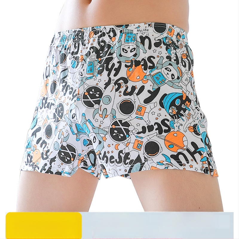 Meeste puuvillased bokserid, hingavadad, keskmise talje, grafiti ja värviliste plokkide mustriga, peamine kangas 100% puuvill, viskoosi vooder 80–90%.