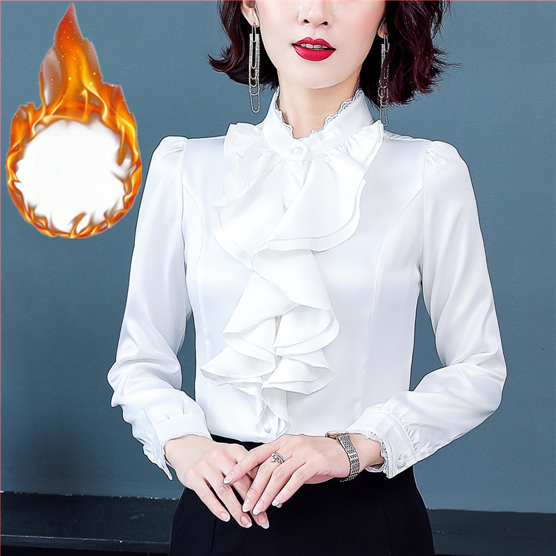 Šifoonist särk, polüester 91–99%, pikkade varrukad, seisev kaelus, ühtlase värvi muster