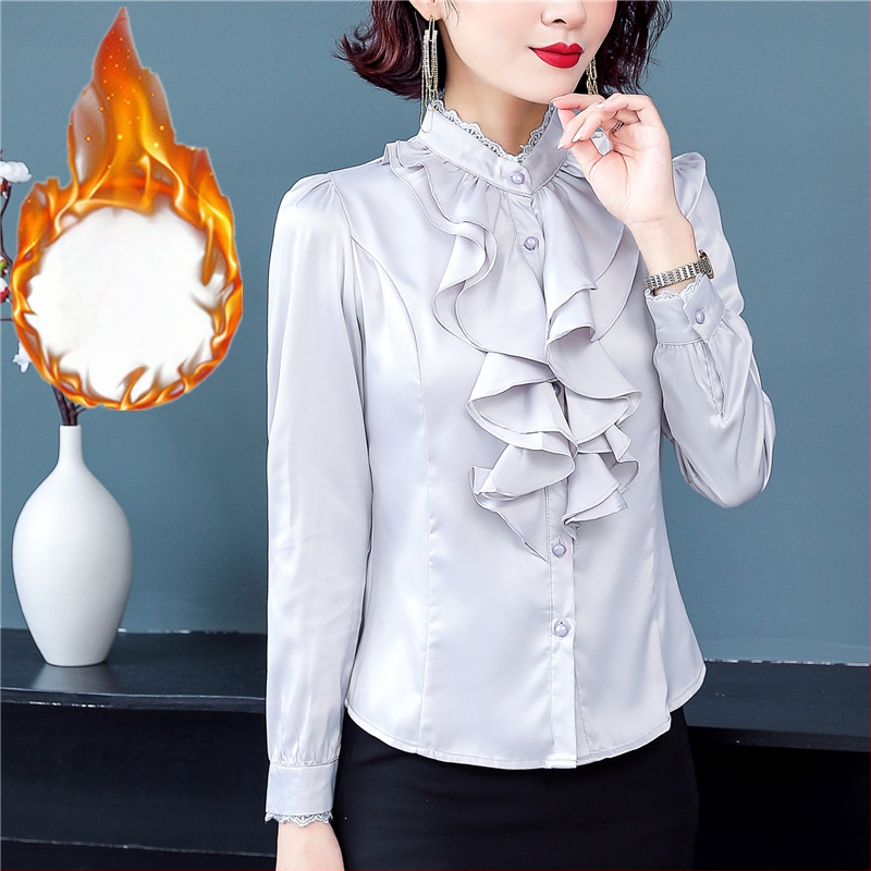 Šifoonist särk, polüester 91–99%, pikkade varrukad, seisev kaelus, ühtlase värvi muster