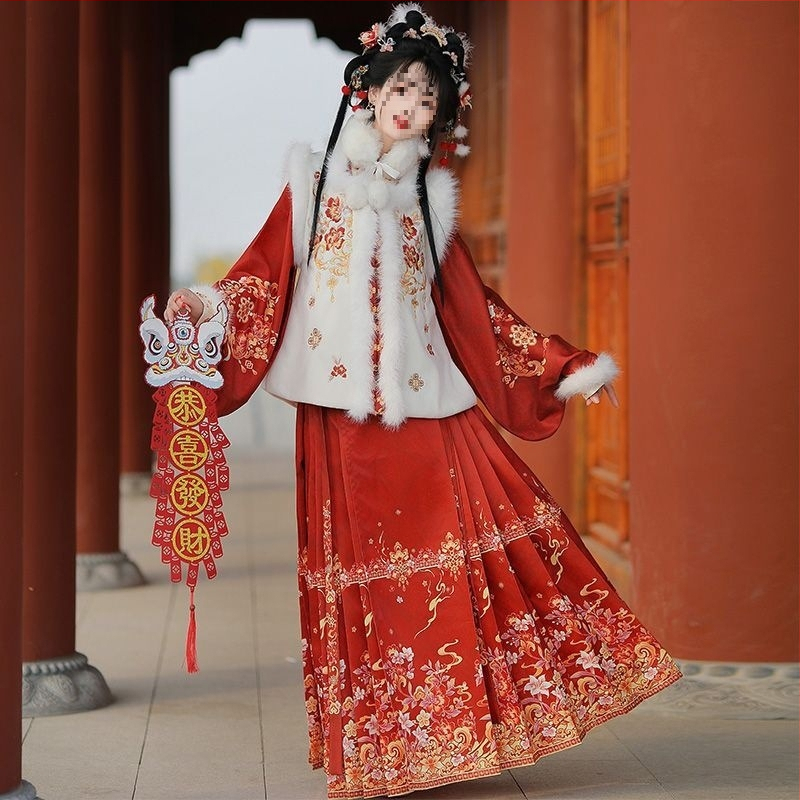 Moterių drabužiai kinų stiliuje, įkvėpti Ming dinastijos, komplektas su sijonu ir kvadratine apykakle, fleece įdėklas, PVC audinys 90–95%, kasdieniam nešiojimui