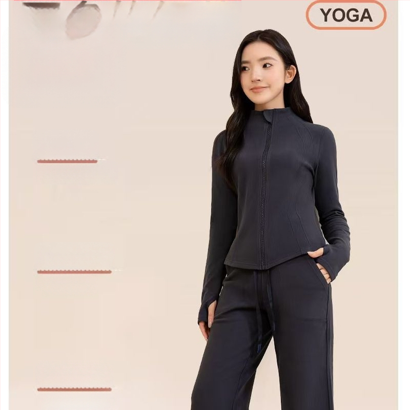 Женски висококачествен комплект за йога — кардиган с яка и дълги ръкави, от полиестерно влакно, панталони с висока талия и прави крачоли, две части