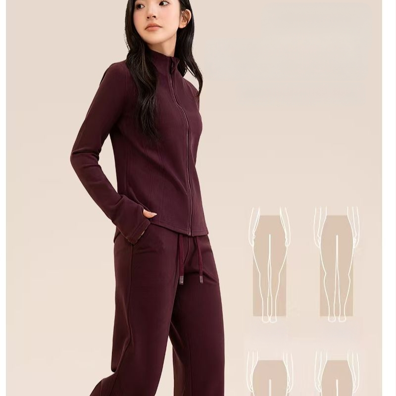 Женски висококачествен комплект за йога — кардиган с яка и дълги ръкави, от полиестерно влакно, панталони с висока талия и прави крачоли, две части