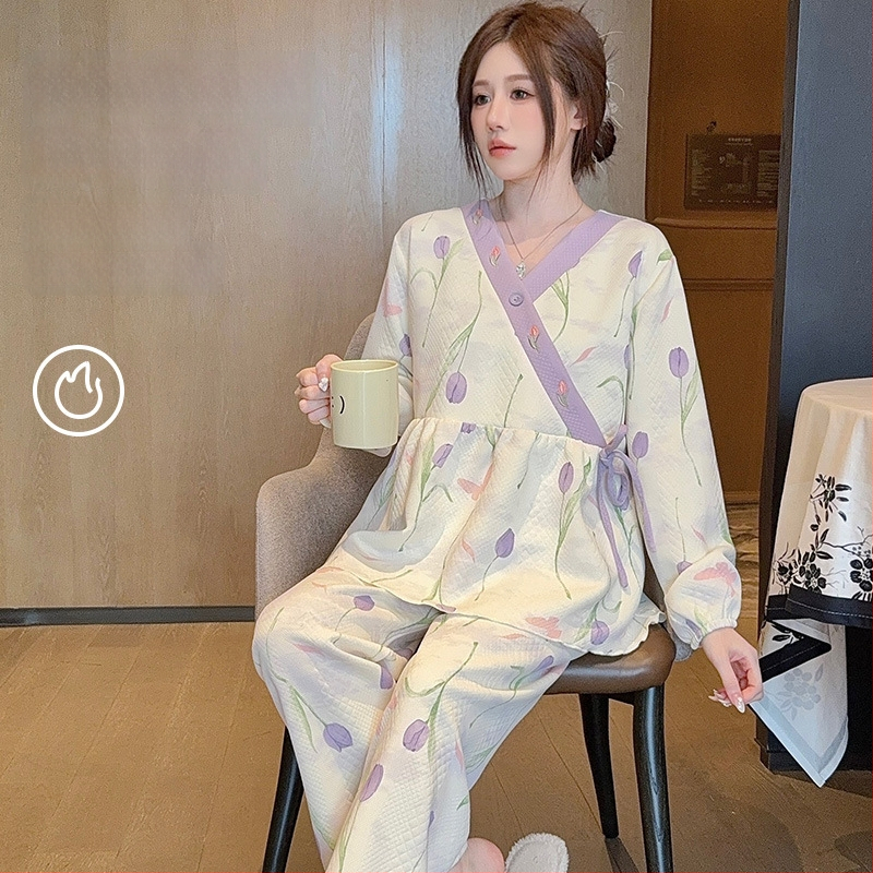 Σετ πυτζάμες θηλασμού από βαμβάκι, με V-λαιμό, μακριά μανίκια και παντελόνια, φθινοπωπω-χειμώνα, 90–95% βαμβάκι