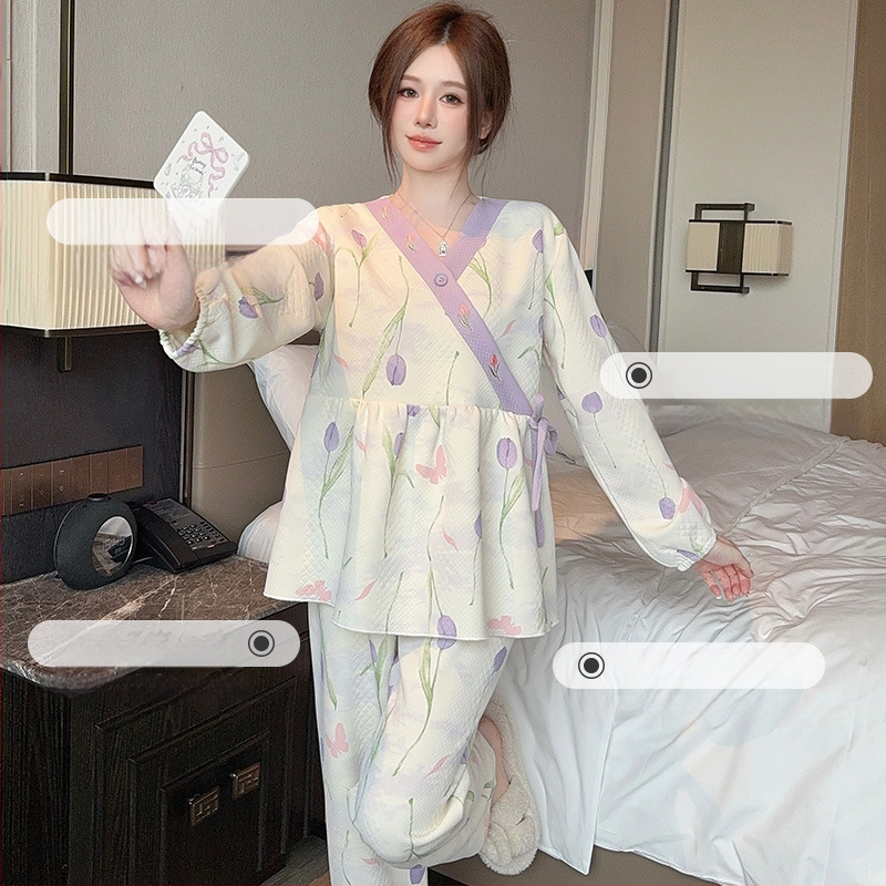 Σετ πυτζάμες θηλασμού από βαμβάκι, με V-λαιμό, μακριά μανίκια και παντελόνια, φθινοπωπω-χειμώνα, 90–95% βαμβάκι