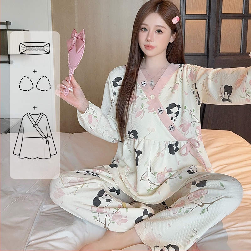 Σετ πυτζάμες θηλασμού από βαμβάκι, με V-λαιμό, μακριά μανίκια και παντελόνια, φθινοπωπω-χειμώνα, 90–95% βαμβάκι