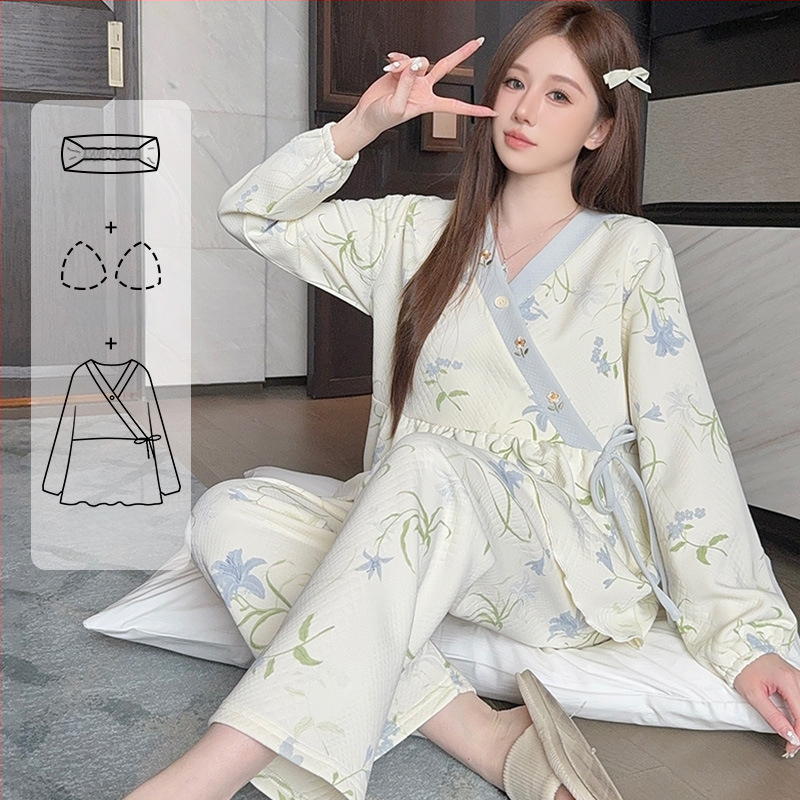 Σετ πυτζάμες θηλασμού από βαμβάκι, με V-λαιμό, μακριά μανίκια και παντελόνια, φθινοπωπω-χειμώνα, 90–95% βαμβάκι