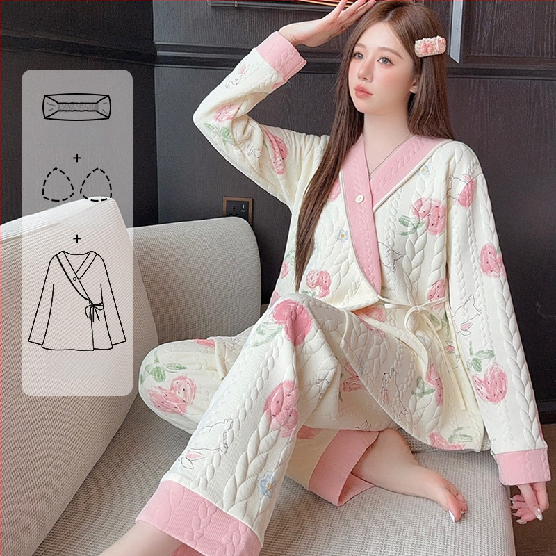 Σετ πυτζάμες θηλασμού από βαμβάκι, με V-λαιμό, μακριά μανίκια και παντελόνια, φθινοπωπω-χειμώνα, 90–95% βαμβάκι