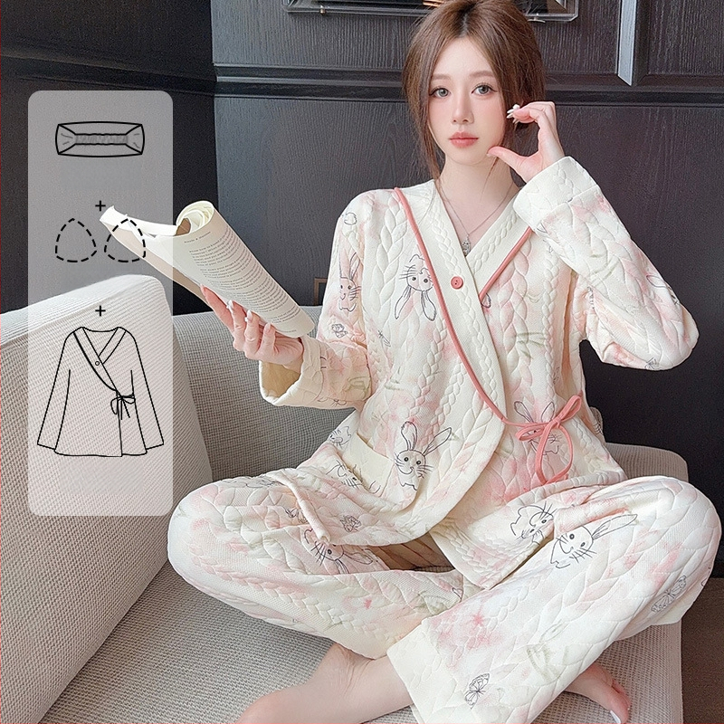 Σετ πυτζάμες θηλασμού από βαμβάκι, με V-λαιμό, μακριά μανίκια και παντελόνια, φθινοπωπω-χειμώνα, 90–95% βαμβάκι