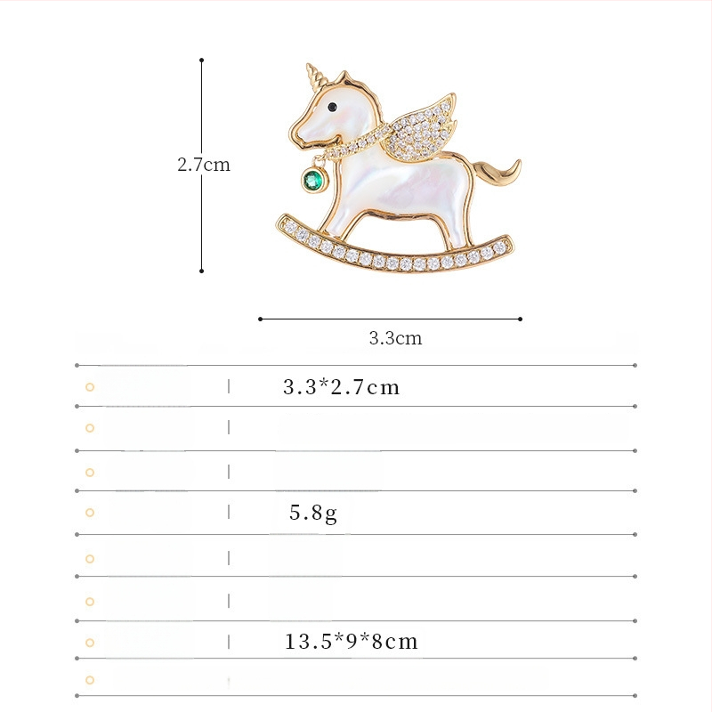 Брошка от медна сплав с естествена черупка, животински мотив единорог, електроплакиране, стил лукс, за жени