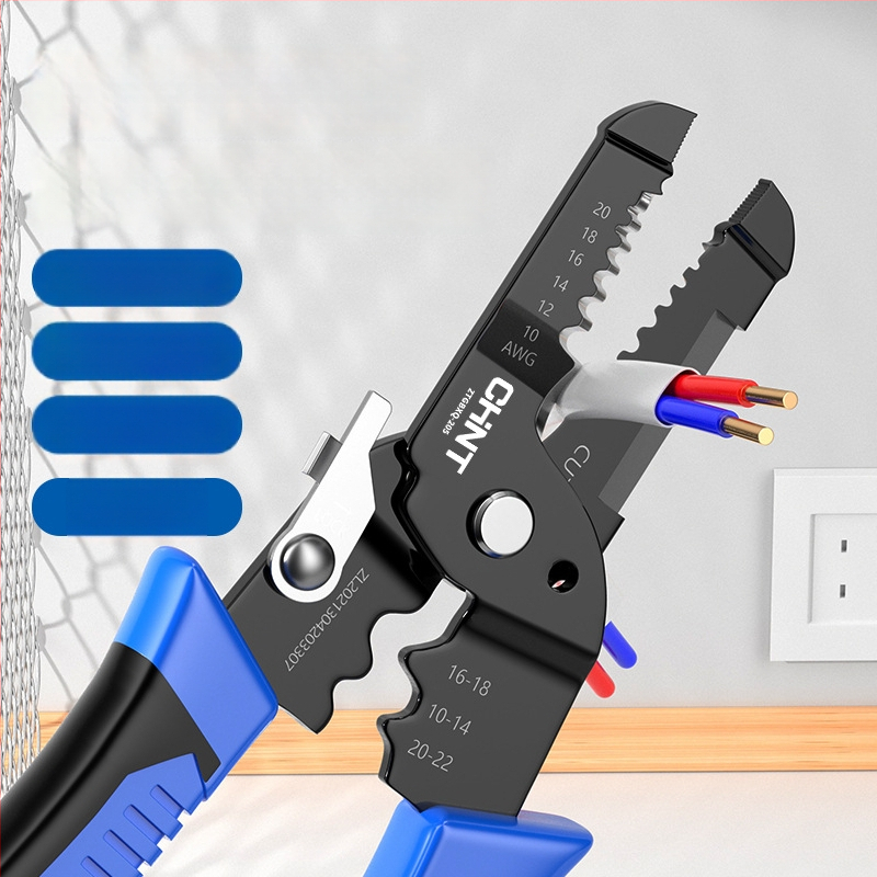 Chint Клещи за обелване на проводници – многофункционални професионални клещи за обелване, кримпване и рязане; Форма: клещи за обелване на проводник; Тегло: 0.11
