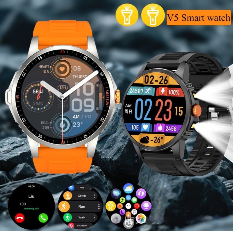 V5 pametni sat s okruglim zaslonom, Bluetooth pozivi, mjerenje otkucaja srca i zasićenosti krvi, praćenje sna, 1.52-inčni TFT, aluminijsko kućište, silikon remen, magnetsko punjenje, vodootporan, trajanje baterije do 7 dana