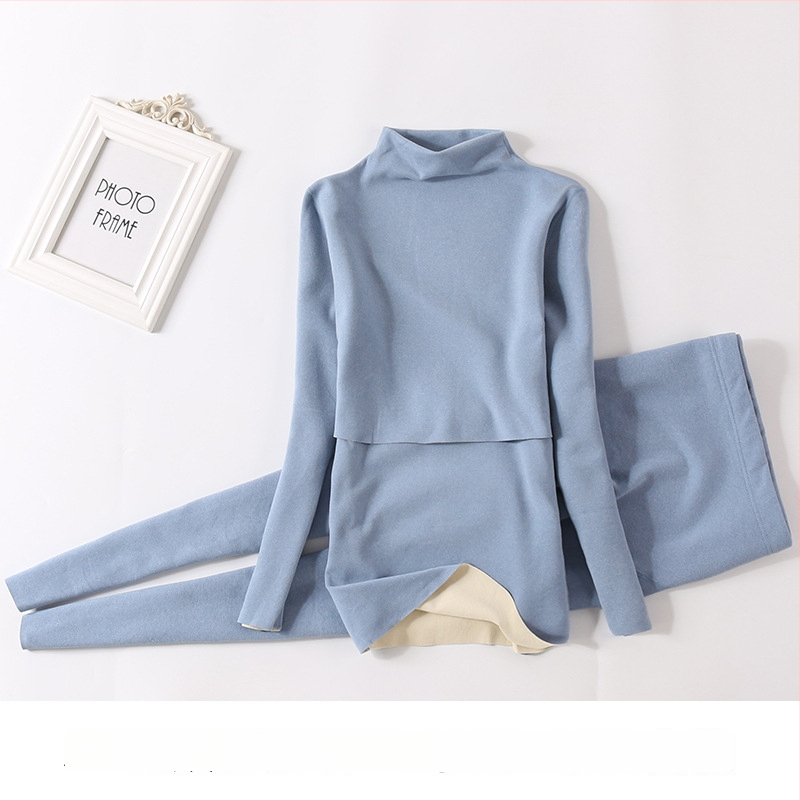 Nėščiosioms velūro termo komplektas su vidutinio aukščio kaklu, flisu viduje, rudens viršus ir kelnės žindymui po gimdymo