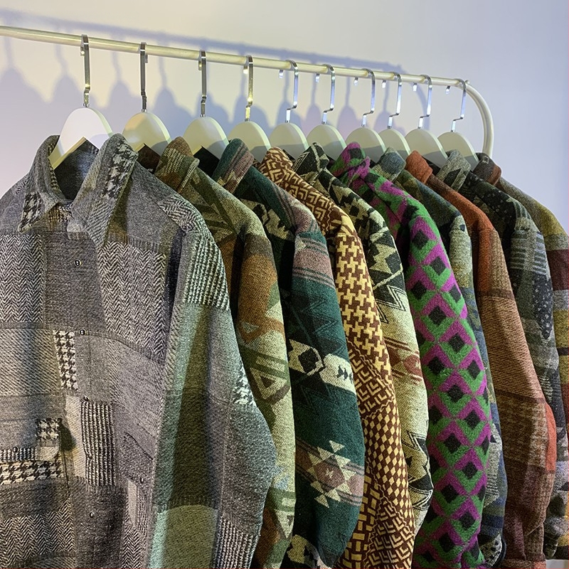 Meeste retro töörõivasärk-jakk, sügis-talv, vaba lõige, pikkade varrukatega, ruudukujuline krae, värvikas polüesteri muster