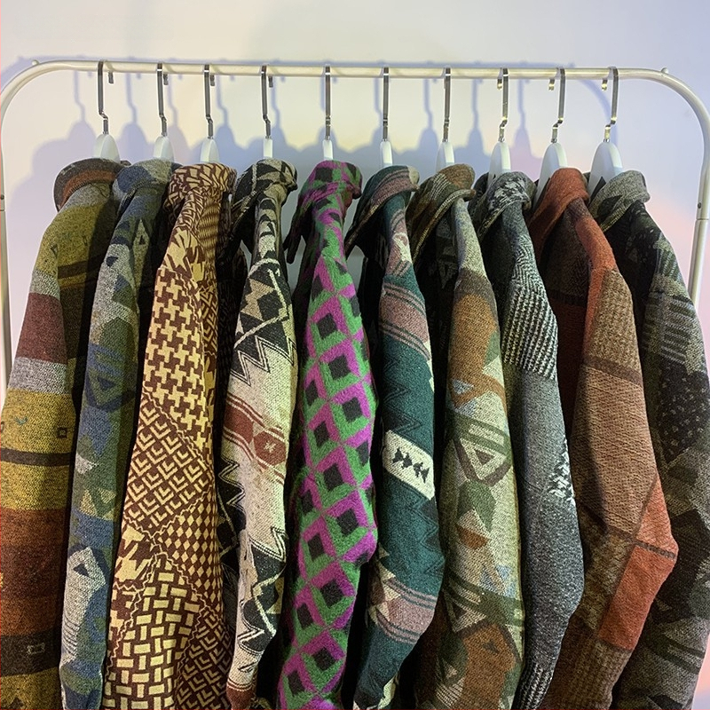 Meeste retro töörõivasärk-jakk, sügis-talv, vaba lõige, pikkade varrukatega, ruudukujuline krae, värvikas polüesteri muster