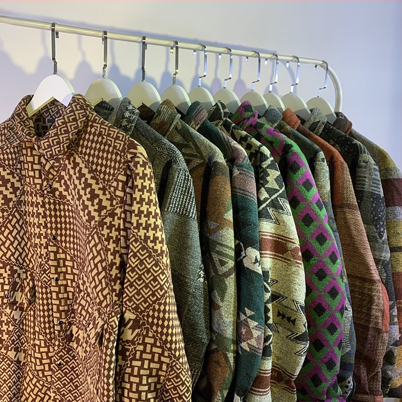 Meeste retro töörõivasärk-jakk, sügis-talv, vaba lõige, pikkade varrukatega, ruudukujuline krae, värvikas polüesteri muster