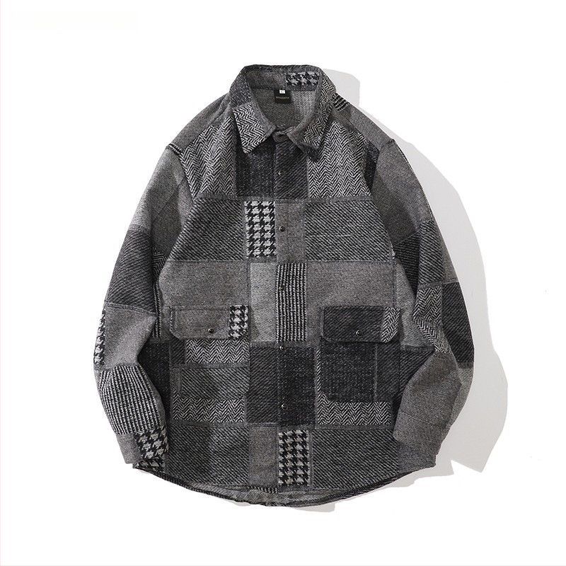 Meeste retro töörõivasärk-jakk, sügis-talv, vaba lõige, pikkade varrukatega, ruudukujuline krae, värvikas polüesteri muster