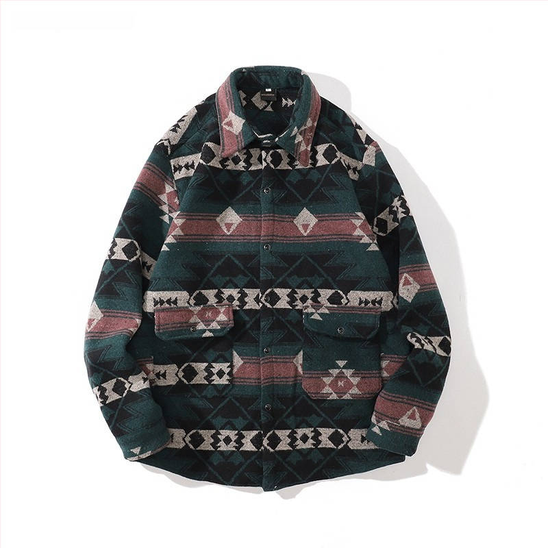 Meeste retro töörõivasärk-jakk, sügis-talv, vaba lõige, pikkade varrukatega, ruudukujuline krae, värvikas polüesteri muster