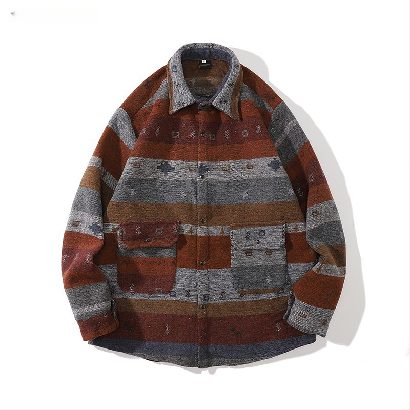 Meeste retro töörõivasärk-jakk, sügis-talv, vaba lõige, pikkade varrukatega, ruudukujuline krae, värvikas polüesteri muster