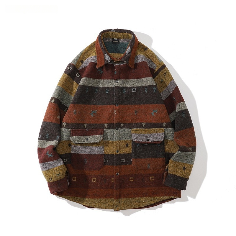 Meeste retro töörõivasärk-jakk, sügis-talv, vaba lõige, pikkade varrukatega, ruudukujuline krae, värvikas polüesteri muster