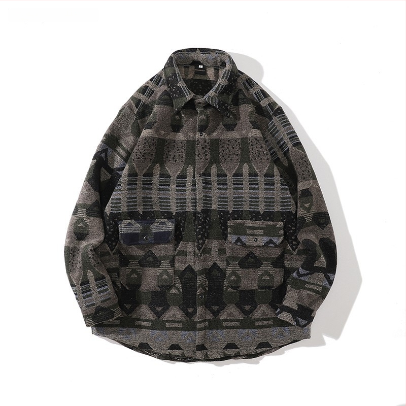 Meeste retro töörõivasärk-jakk, sügis-talv, vaba lõige, pikkade varrukatega, ruudukujuline krae, värvikas polüesteri muster