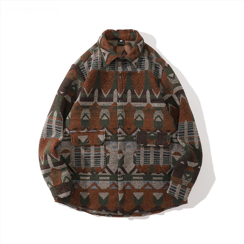 Meeste retro töörõivasärk-jakk, sügis-talv, vaba lõige, pikkade varrukatega, ruudukujuline krae, värvikas polüesteri muster