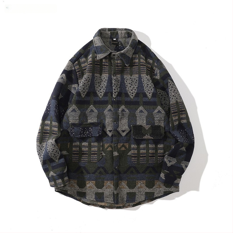 Meeste retro töörõivasärk-jakk, sügis-talv, vaba lõige, pikkade varrukatega, ruudukujuline krae, värvikas polüesteri muster
