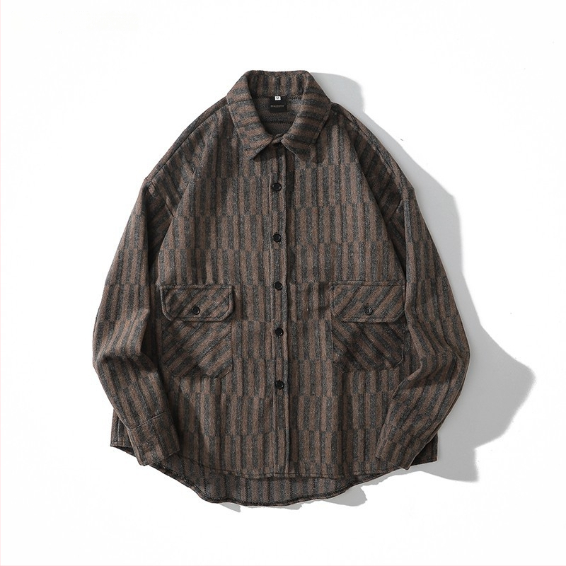 Meeste retro töörõivasärk-jakk, sügis-talv, vaba lõige, pikkade varrukatega, ruudukujuline krae, värvikas polüesteri muster