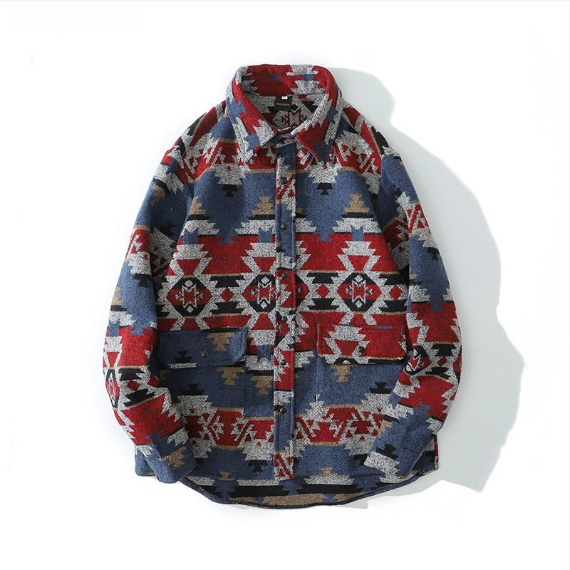 Meeste retro töörõivasärk-jakk, sügis-talv, vaba lõige, pikkade varrukatega, ruudukujuline krae, värvikas polüesteri muster