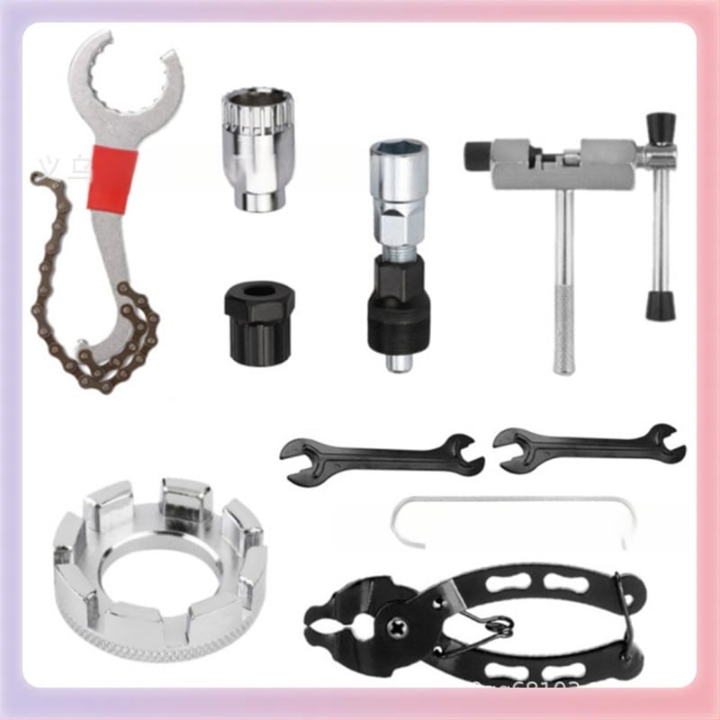Nerūsējošā tērauda velosipēdu remonta instrumentu komplekts ar apakšējā gultņa izvilcēju, ķēdes izjaukšanas rīku un ķēdes šķēli – kombinētais komplekts