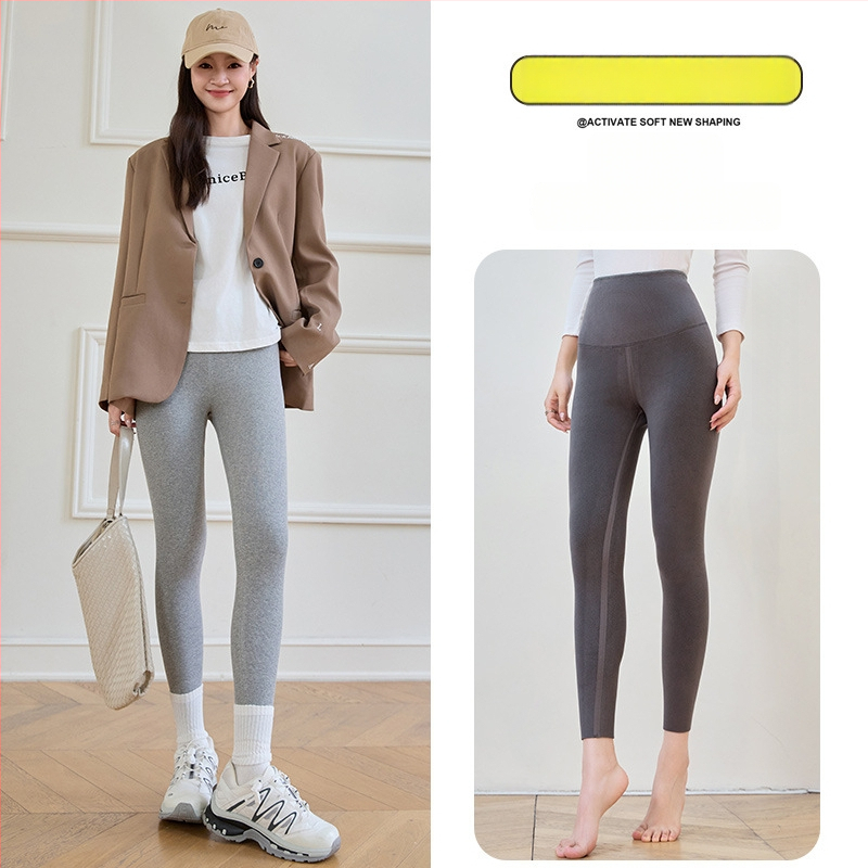 Bezšivne pamučne legice s fleece podstavom i prugastim uzorkom, duljina 9/10, debele, visoko elastične (pamuk-spandeks smjesa; pruge)