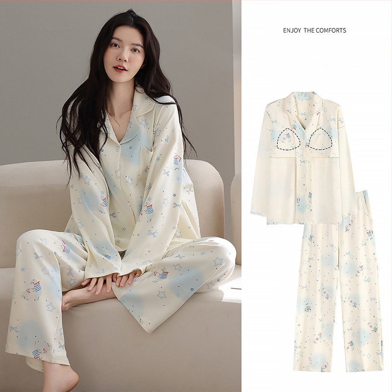 100% pamut pizsama szett melltámasz betéttel, hosszú ujjú, reveres gallérral, nadrággal, lélegző és kényelmes otthoni viselet
