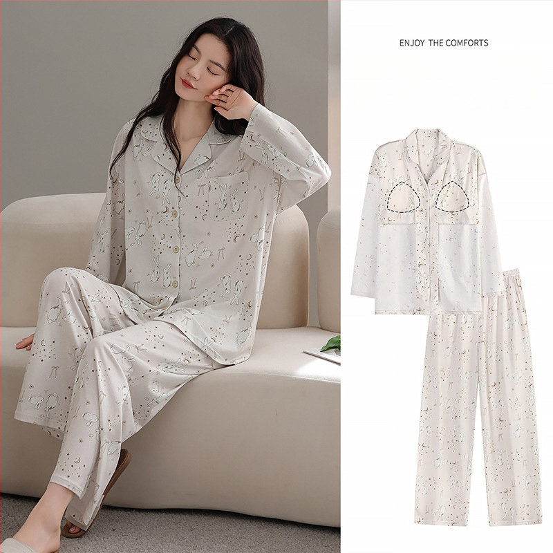 100% pamut pizsama szett melltámasz betéttel, hosszú ujjú, reveres gallérral, nadrággal, lélegző és kényelmes otthoni viselet