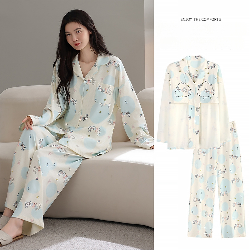 100% pamut pizsama szett melltámasz betéttel, hosszú ujjú, reveres gallérral, nadrággal, lélegző és kényelmes otthoni viselet