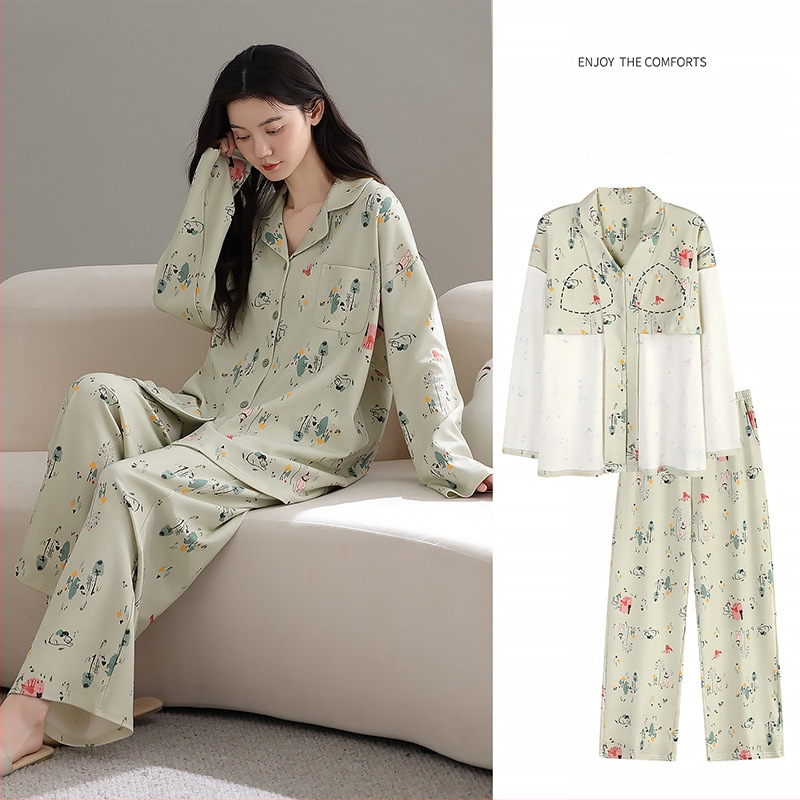 100% pamut pizsama szett melltámasz betéttel, hosszú ujjú, reveres gallérral, nadrággal, lélegző és kényelmes otthoni viselet