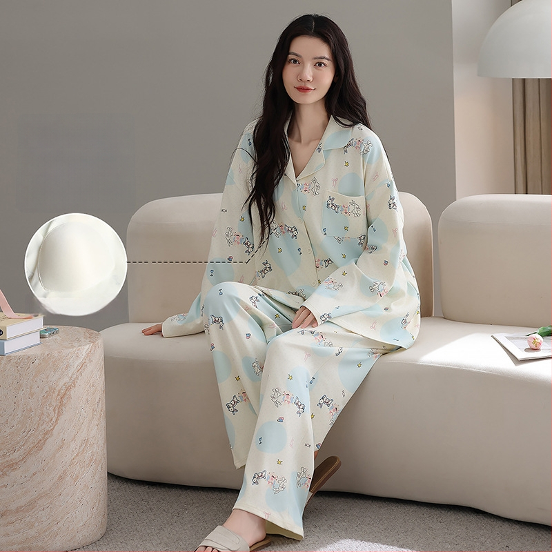 100% pamut pizsama szett melltámasz betéttel, hosszú ujjú, reveres gallérral, nadrággal, lélegző és kényelmes otthoni viselet